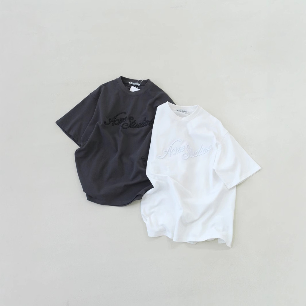 W2C6 ACNE New3D Embroidered Logo Solid Color Loose Short Sleeve T Unisex Simple T-Shirt