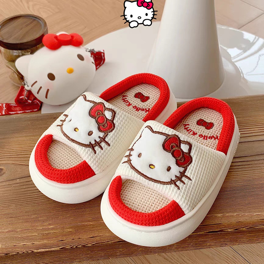 [คลังสินค้าพร้อม] Sanrio Hello Kitty รองเท้าแตะผ้าลินินสำหรับผู้หญิง 適合四季的防滑棉麻拖鞋 ZSN