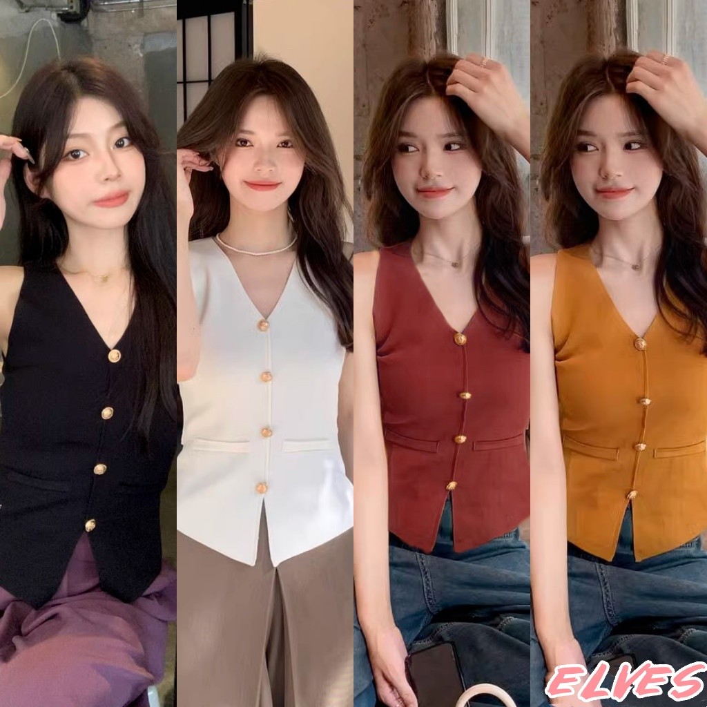 Elves พร้อม💟เสื้อกบ้ามไหมพรม คอวี กระดุมด้านหน้าสไตล์เกาหลี ดีเทลเว้าหลังเอว เสื้อยืดแฟชั่นเกาหลี"20252"