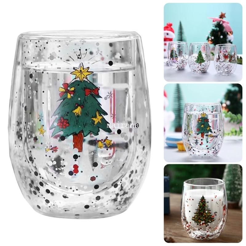 MT Christmas Themed Double Wall Glass Cup 300ml สําหรับเครื่องดื่มร้อนและการตกแต่ง
