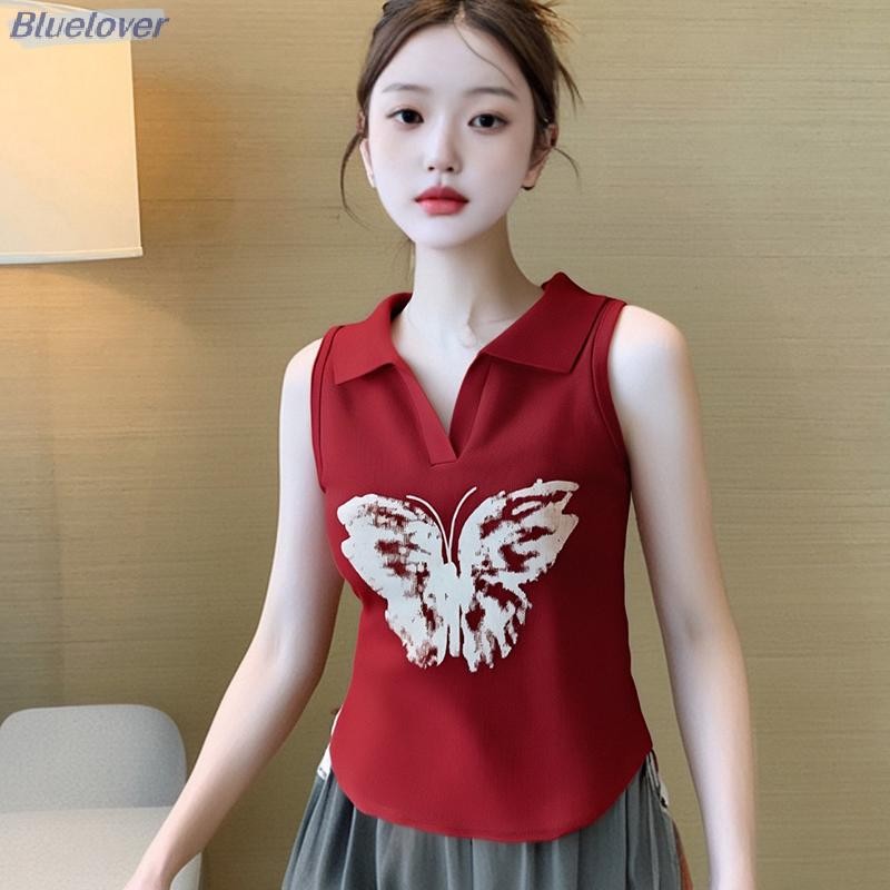 Bluelover ฤดูร้อนอเมริกันย้อนยุคผีเสื้อพิมพ์ปกแขนกุดเสื้อกล้ามถักบางสําหรับผู้หญิงใหม่