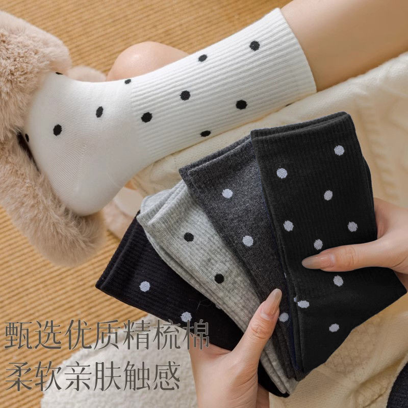 ถุงเท้าผ้าฝ้ายแบบเกาหลี.Simple.Retro.Polka.Dot.สำหรับนักเรียน ส้นเตารีด ระบายอากาศได้ดี
