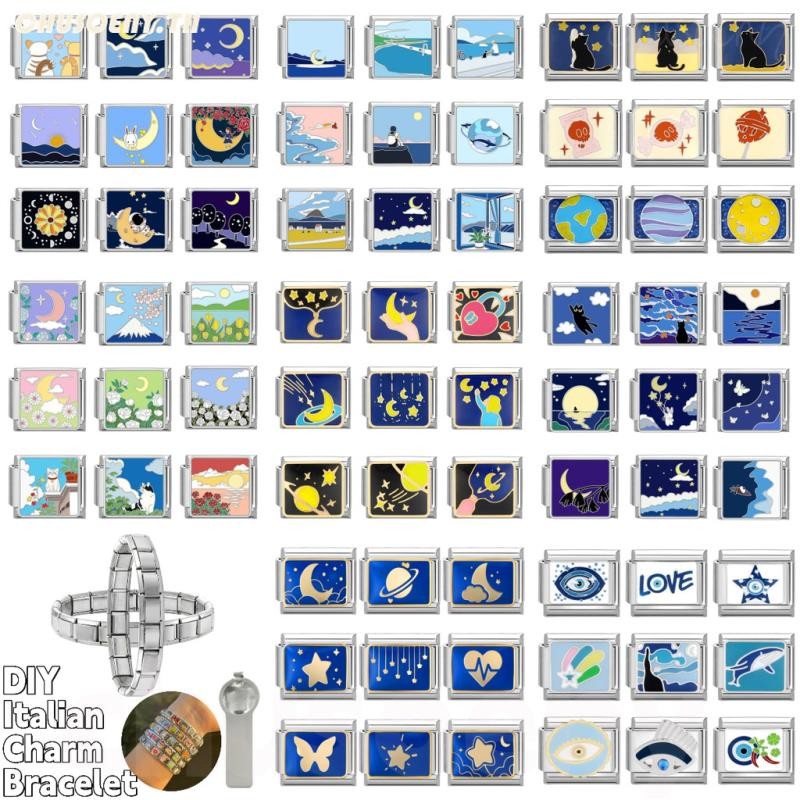 สร้อยข้อมือเงินดาวสีฟ้ารูปแบบดวงจันทร์อิตาลี ขนาด 9 มิลลิเมตร สำหรับคนรักผีเสื้อและดอกไม้ เสน่ห์ของอุปกรณ์ย้อนยุคโมดูล