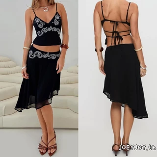 JOEYJOY-ชุด 2 ชิ้นผู้หญิงลายดอกไม้สปาเก็ตตี้คอวี Camis + กระโปรง Midi ไม่สมมาตร