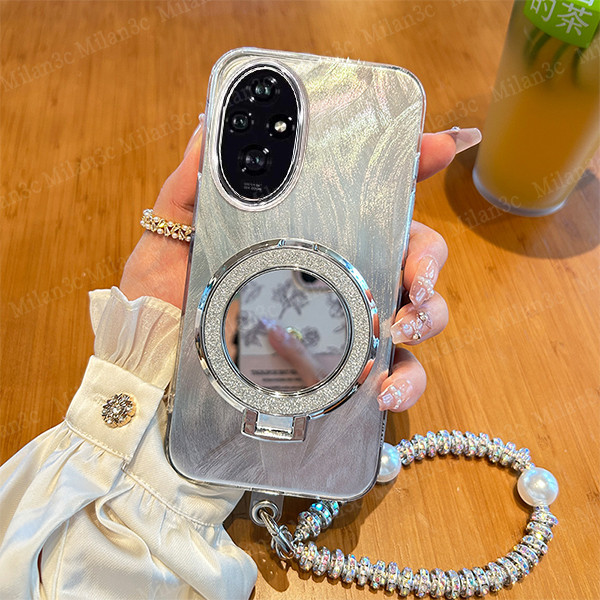 เคส Honor 200 90 เคส Honor 200 Pro Feather Yarn Laser เทรนด์แฟชั่นแบรนด์ดัง เคสมือถือแบบมีกระจกเงาพร้อมขาตั้ง เปลือกหอย ไข่มุก