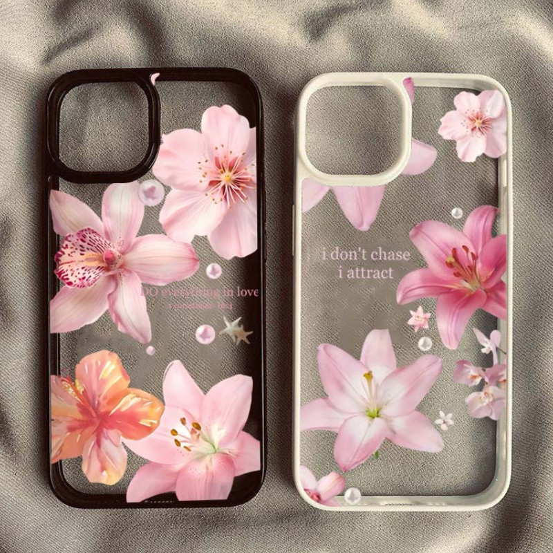 ดอกไม้สีชมพูรูปแบบเคสโทรศัพท์สําหรับiPhone 16 15 14 13 12 11 Pro Max Plus 16E XR X XS Max 7 8 Plus SE2 Pearl Morning Gloryพิมพ์ใสกันกระแทกปกอ่อน