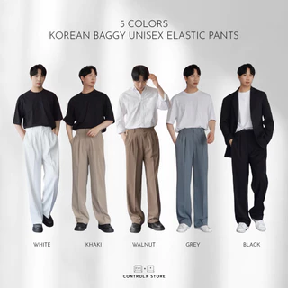 CTRLX - กางเกงขายาว กระบอกใหญ่เอวสูง ผ้าทิ้งตัวพริ้วๆ เอวยืดหลัง [รุ่น KOREAN BAGGY] UNISEX ELASTIC