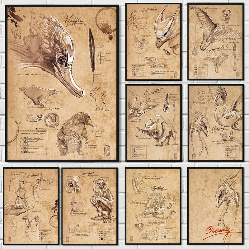 Vintage Field Notes The Myth Monster 80s Retro Poster Canvas Painting Magic Wizarding Niffler Note W