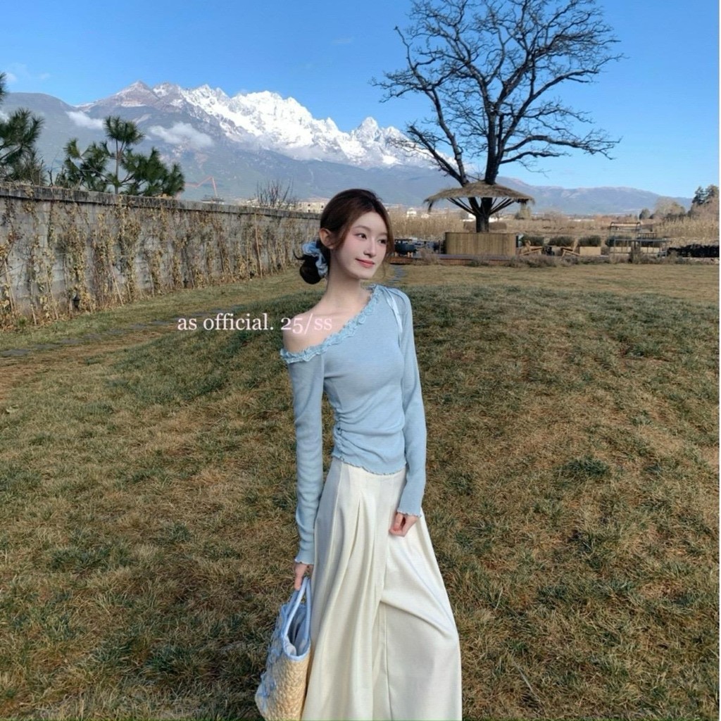 Mimi&Didi เสื้อเปิดไหล่แขนยาวไหมพรม เสื้อยืดถักลูกไม้เปิดไหล่สีชมพูสำหรับผู้หญิง ทันสมัยและสวยงาม ใส่เดี่ยวๆH060 - รูปที่ 3