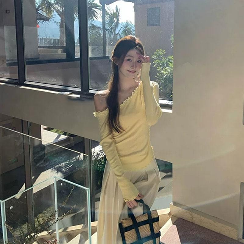 Mimi&Didi เสื้อเปิดไหล่แขนยาวไหมพรม เสื้อยืดถักลูกไม้เปิดไหล่สีชมพูสำหรับผู้หญิง ทันสมัยและสวยงาม ใส่เดี่ยวๆH060 - รูปที่ 5