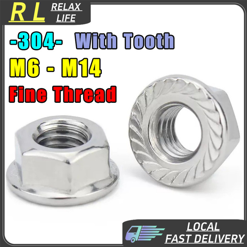 [RL] M6-M14 Fine Thread Flange Nut ฟัน 304 สแตนเลส Hex Nut M7 M8 M9 M10 M12 0.75 1 1.25 1.5 สกรู Bolt