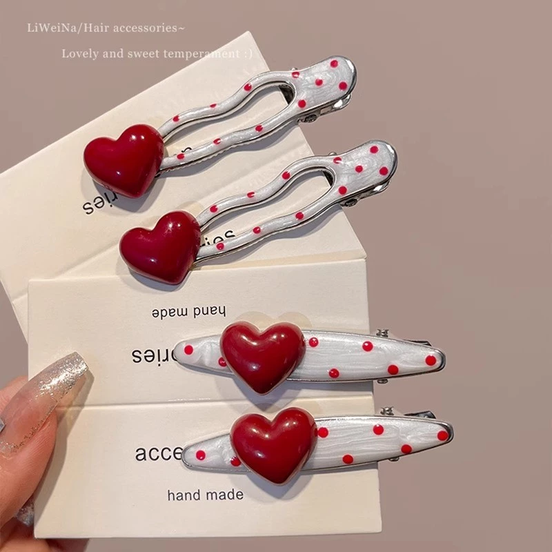 สไตล์เกาหลี Red Love Polka Dot Duckbill คลิปหญิง High-End กิ๊บติดผมสไตล์ใหม่ด้านข้างหักกิ๊บติดผม