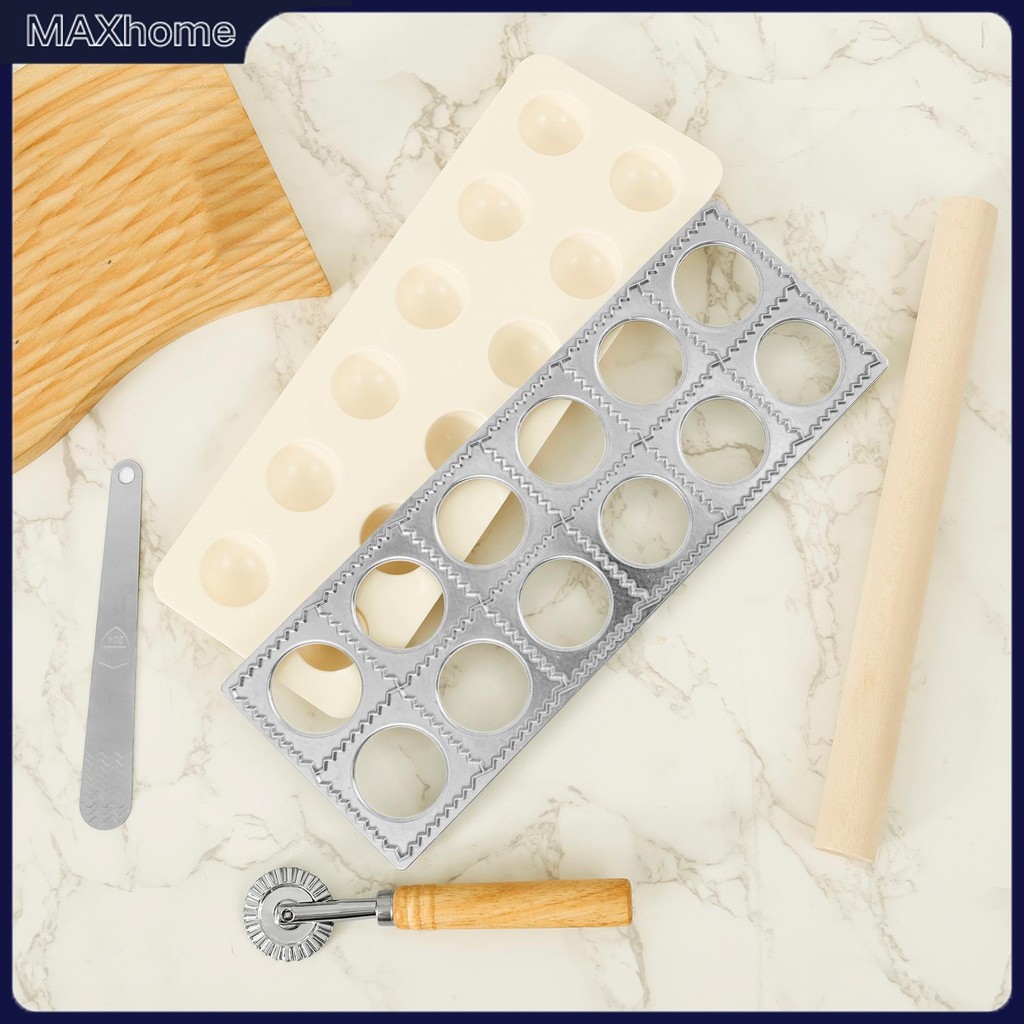 Ravioli แม่พิมพ์ชุด Multifuncional Ravioli Maker ไม้ Rolling Pin Pastry Cutter ล้อและช้อนบรรจุ SHOPT