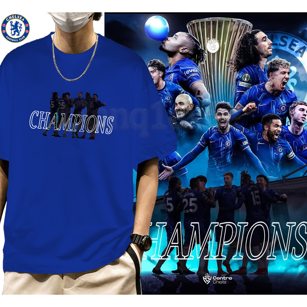 "Champion！"Europa League Chelsea 2025 แชมป์ลอนเสื้อยืด, ยุโรปแกรนด์สแลม, งพิมพ์สำหรับผู้ชายและผู้หญิ