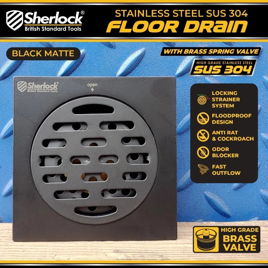 Sherlock Floor Drain SUS 304 Black Matte เครื่องกรองน้ําห้องน้ําป้องกันกลิ่นสปริงวาล์วทองเหลือง
