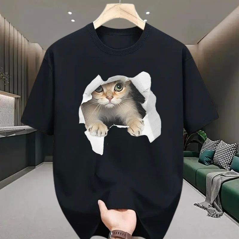 เสื้อยืดคอกลม-แขนสั้น เสื้อลายแมว oversize t shirt เสื้อยืดแฟชั่น สวยๆ  พิมพ์ลาย แฟชั่น สีขาว-สีดำ