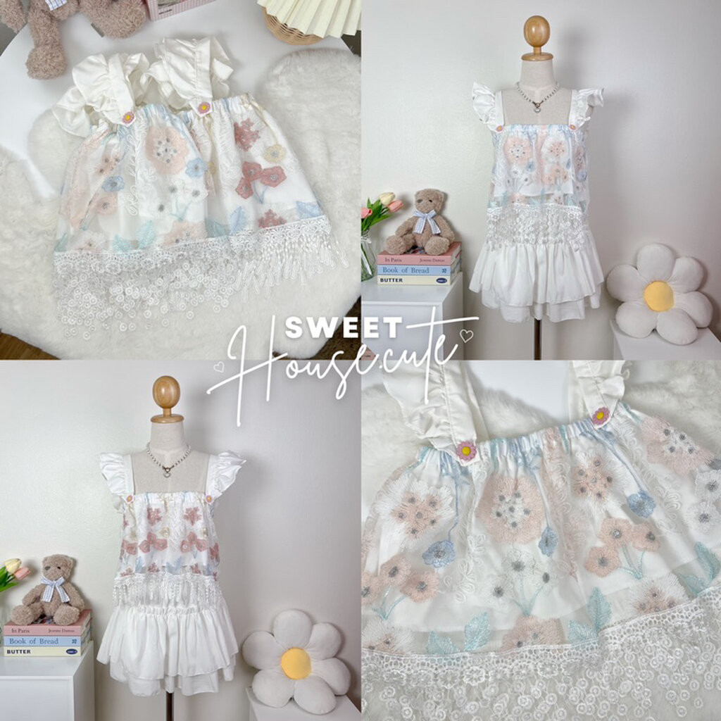 🧸 SweetHouse #257 🌻 เสื้อสายเดี่ยวแขนระบายรุ่นนี้ด้านหน้า 2 ชั้นงานปักสวยหรูมีซับในน้า