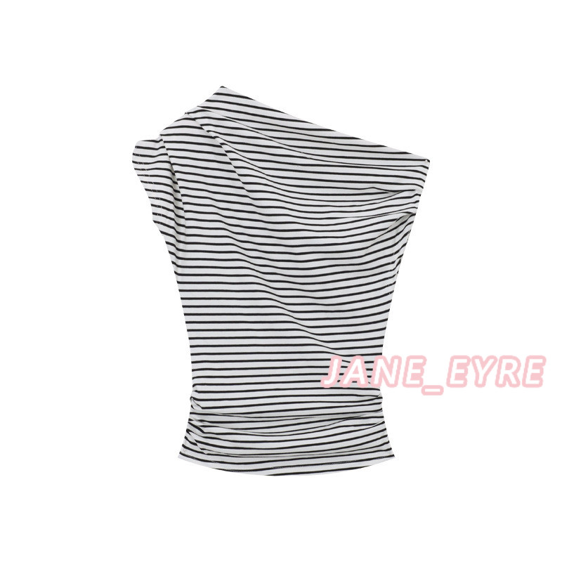 เสื้อเปิดไหล่ แขนสั้น เสื้อยืด สาวฮอต เข้ารูป นักเรียน ลายทาง เสื้อตัวบน JN - รูปที่ 6