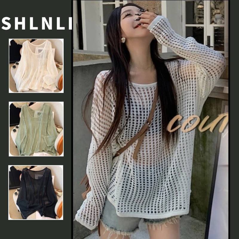 เสื้อสเวตเตอร์กันแดดแขนยาวกลวงลําลองและอเนกประสงค์ผู้หญิงหลวมฤดูใบไม้ผลิและฤดูร้อน
