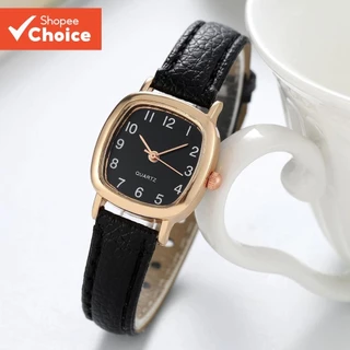 Vintage Square Small Dial นาฬิกาหรูหราสําหรับผู้หญิงสายหนังสไตล์มินิมอลสําหรับของขวัญนักเรียนสีดําสีน้ําตาล