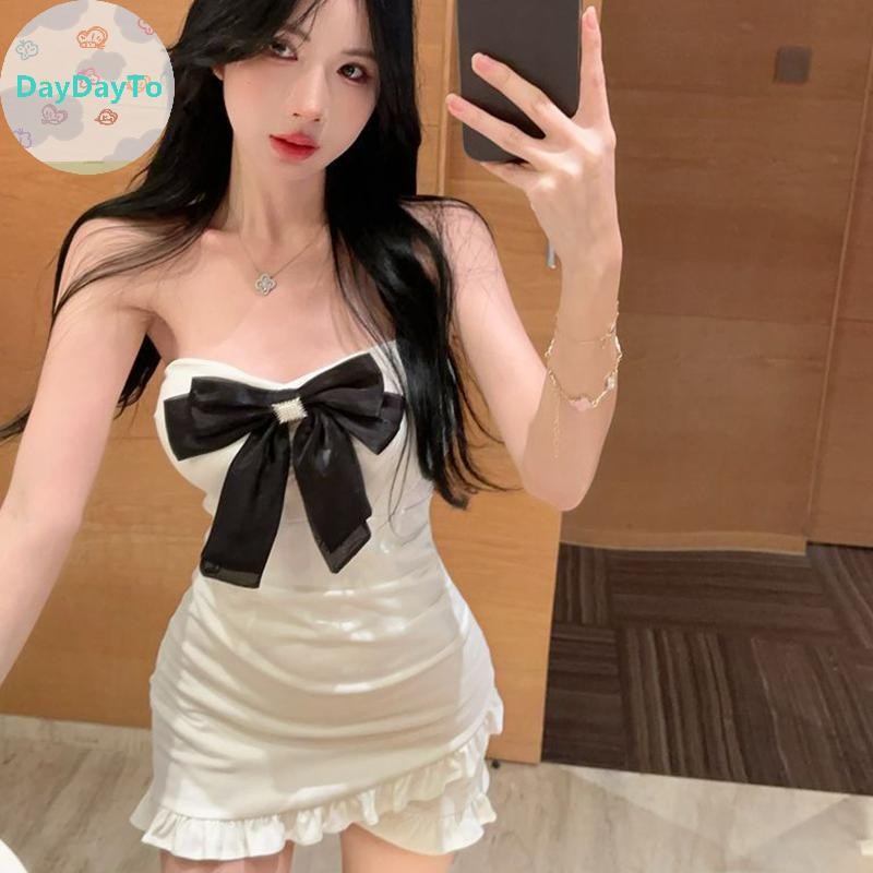 DayDayTo ผู้หญิงเซ็กซี่ Strapless Ruffle Bow Design Short Party Club Bustier Dress TH