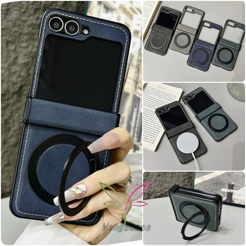เคสแม่เหล็ก Leahter สําหรับ Samsung Galaxy Z Flip 8 7 Z Flip 6 Z Flip 5 Z Flip 4 ฝาครอบพร้อมขาตั้งแหวนหมุนได้บานพับขาตั้งฝาหลัง
