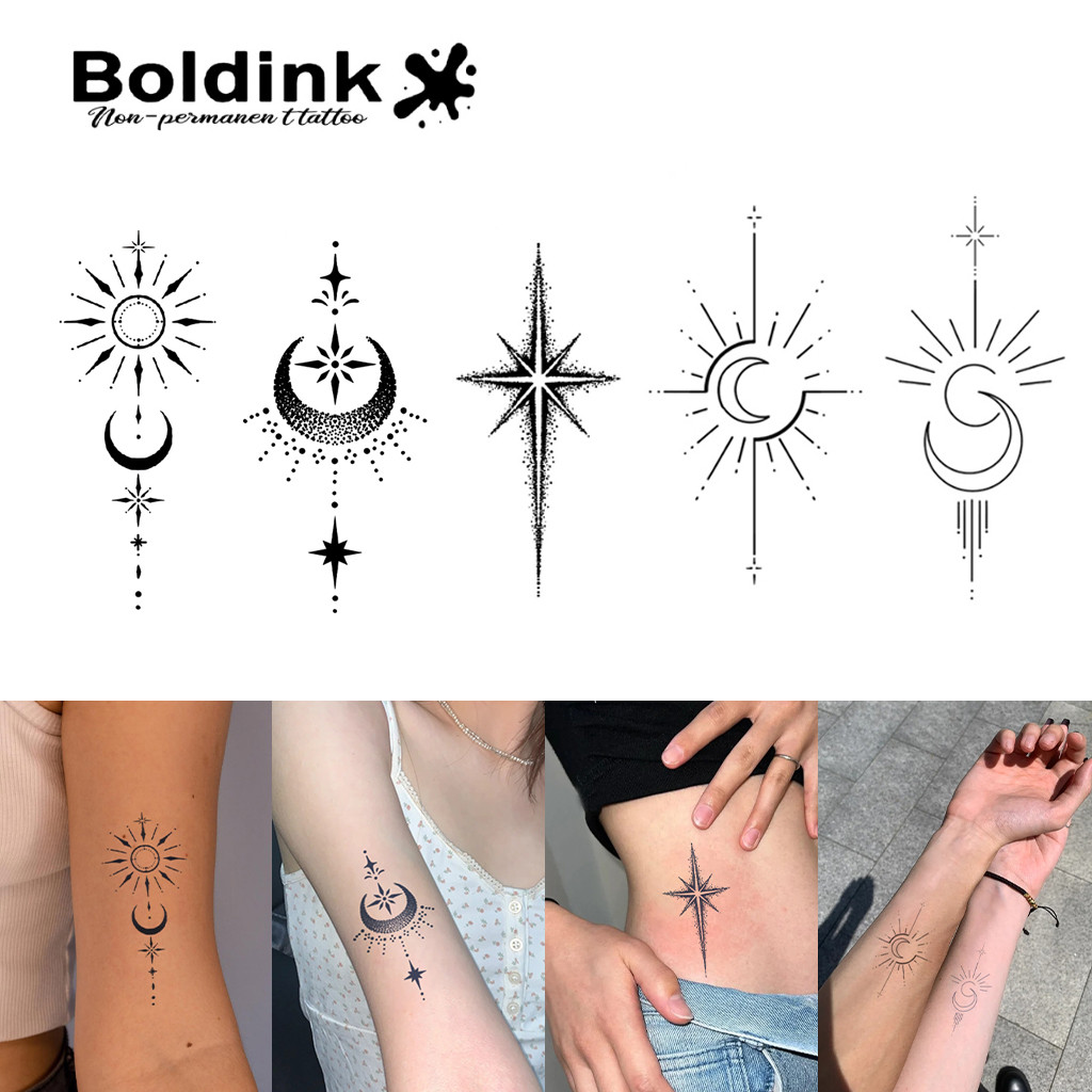 Boldink รอยสักชั่วคราวกันน้ํา ติดทนนาน ลายดาว ดวงจันทร์ ดวงอาทิตย์ ศิลปะ รอยสักคู่ มือ