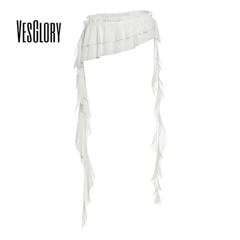 เวสความรุ่งโรจน์ ผู้หญิง 2025 กระโปรงแฟชั่นจีบสีขาวและตาข่ายเซ็กซี่สำหรับสวมใส่บนถนน