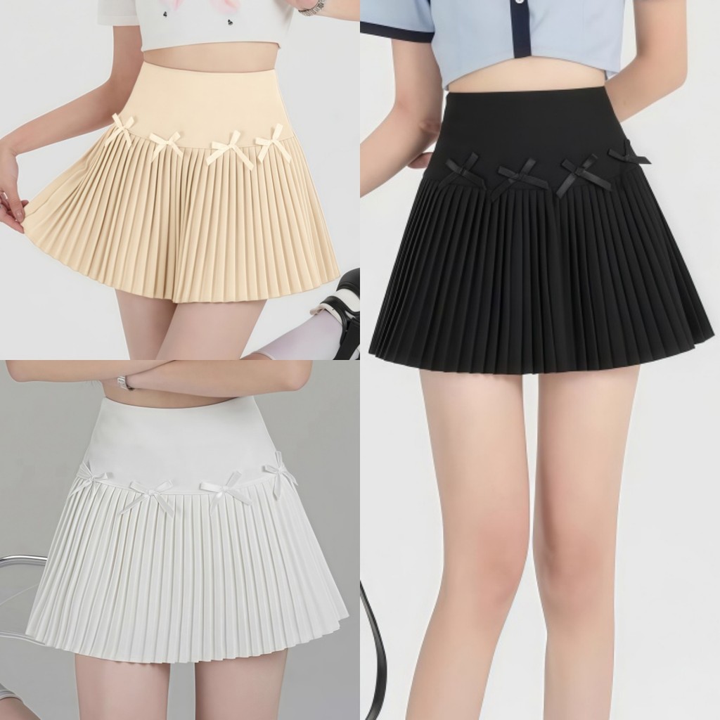 Kaekai พร้อมส่ง กระโปรงสั้น เอวสูง ทรงพลีสอัดกรีบแน่น ประดับโบว์ด้านหน้า น่ารักมาก มีซับในกางเกง สำหรับผู้หญิง