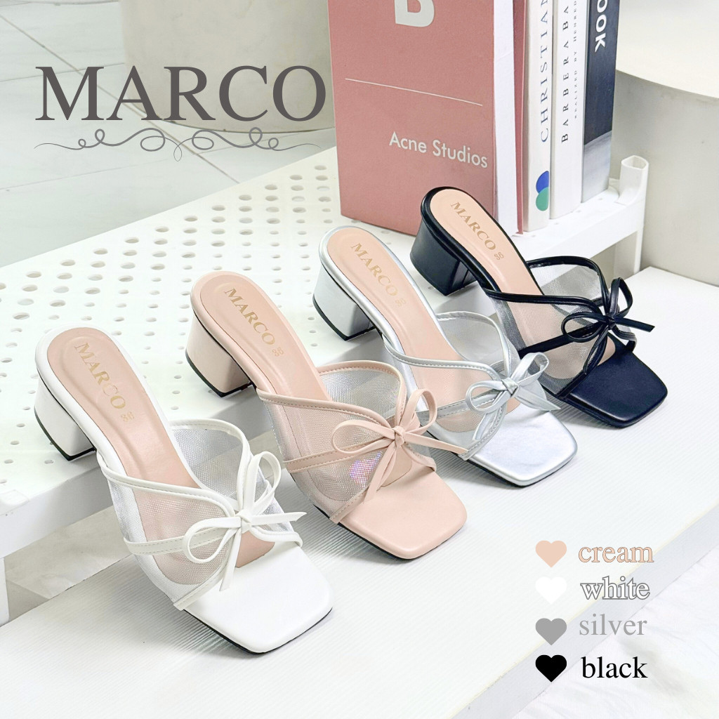 รองเท้าส้นสูง แบรนด์ MARCO รุ่น A1091 ผ้าซีทรู แต่งโบว์