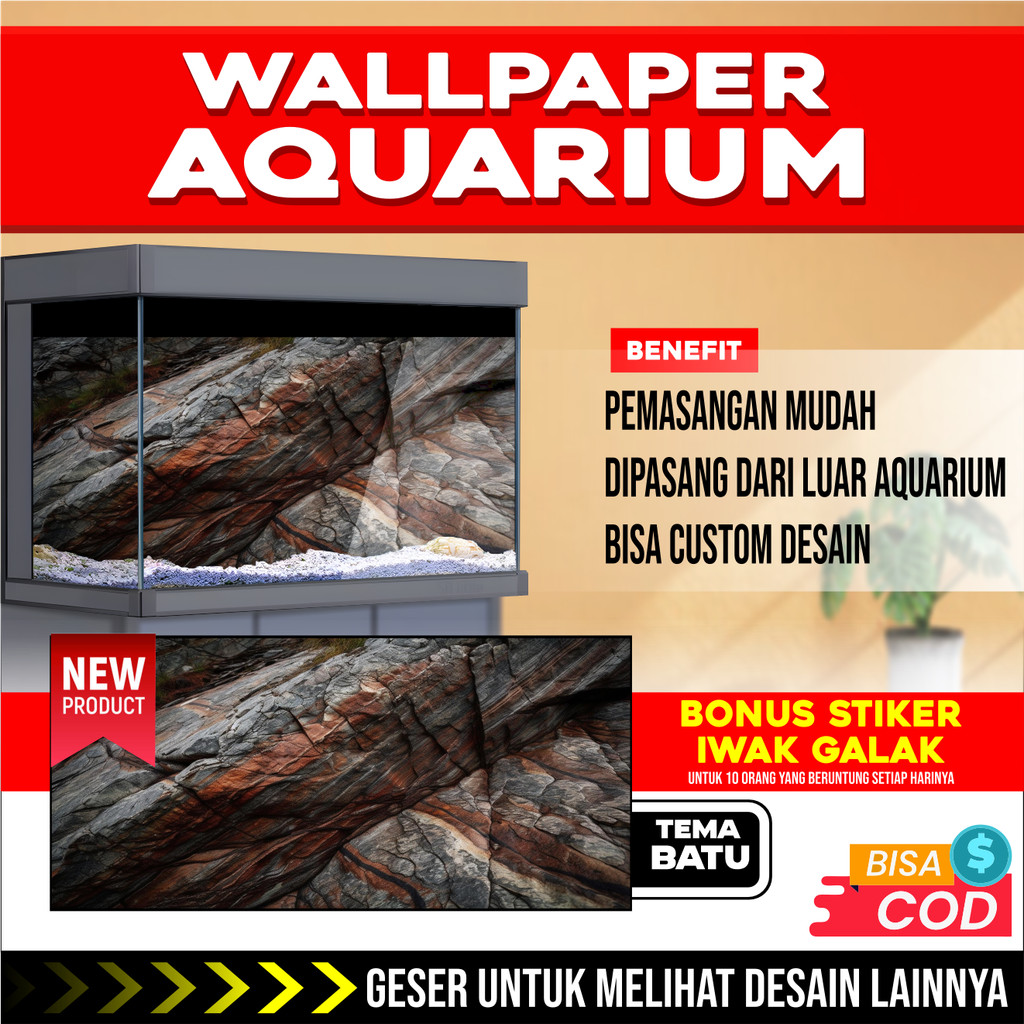 3D REAR AQUARIUM BACKGROUND WALLPAPER สติ๊กเกอร์ ROCKSTONE PICTURE THEME ER2