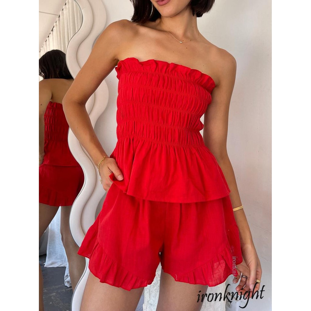 Ironknight-Women shappy Ruffled Trim เสื้อเกาะอกพร้อมกางเกงขาสั้น 2 ชิ้น Set
