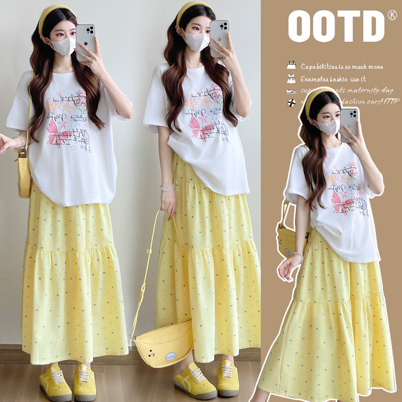 ชุดคลุมท้องเสื้อยืดแขนสั้นแฟชั่นฤดูร้อน + กระโปรงปรับได้ชุดสองชิ้น