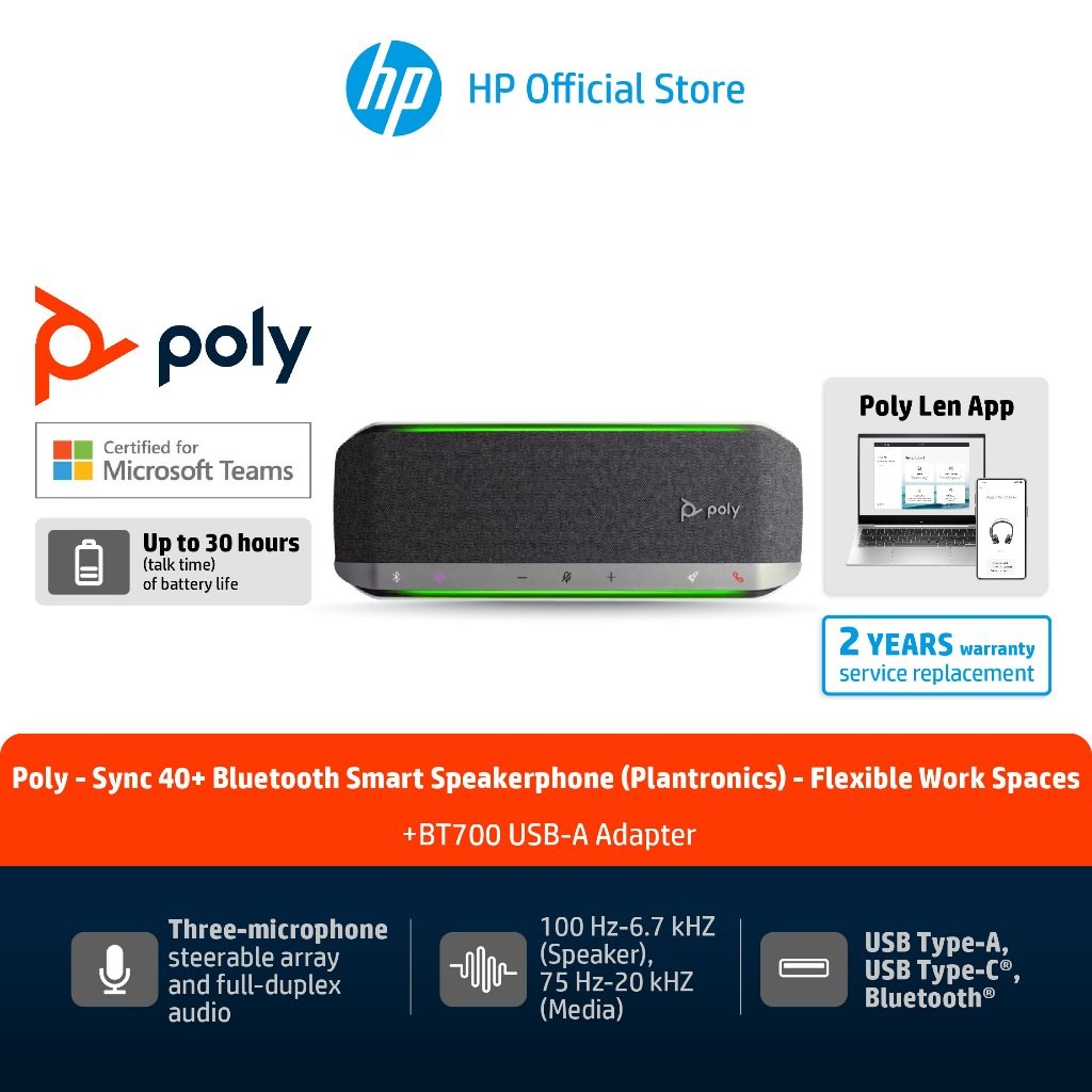 Poly Sync 40+ Microsoft Teams Certified USB-A USB-C Speakerphone +BT700 USB-A Adapter