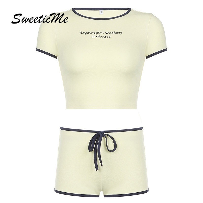 SweeticMe เสื้อสตรีแฟชั่นใหม่ Causal Contrast สีรอบคอแขนสั้น Lacing กางเกงขาสั้นชุด
