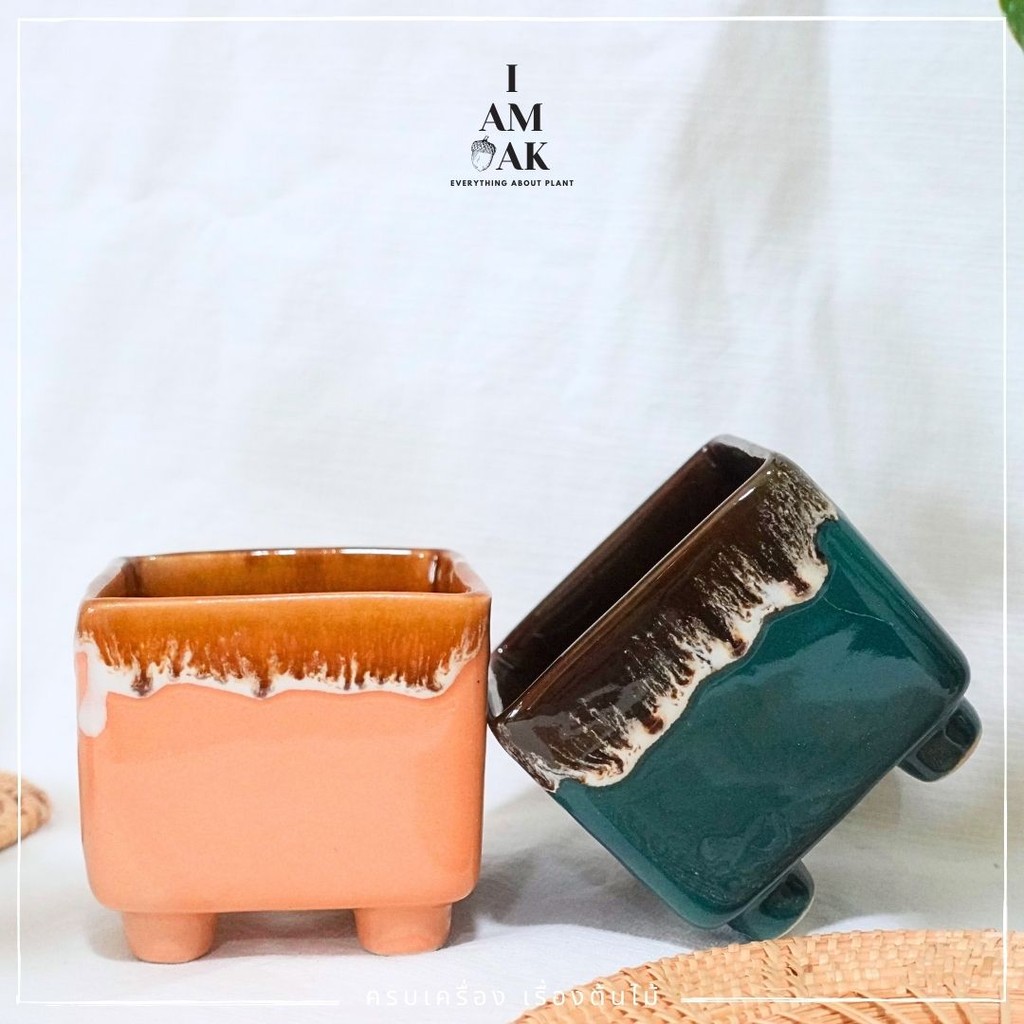 กระถางเซรามิก สีเหลี่ยม มีลาย 4 นิ้ว สีขาวลาวา/สีส้ม/สีเขียว