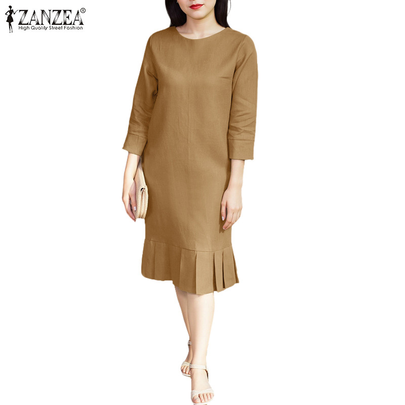 ZANZEA ผู้หญิงเกาหลีคอกลมหรูหรา 3/4 แขนจีบ Hem H-Type Midi Dresses