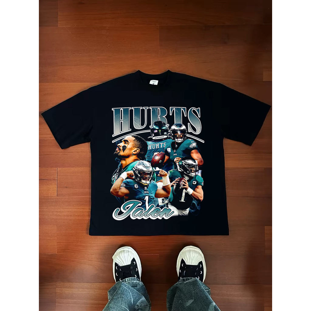 ผ้าฝ้ายแท้ Jalen Hurts NFL American Rugby Street เสื้อยืดแขนสั้นสไตล์ใหม่