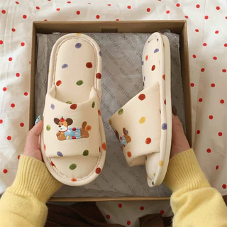 XIXITIAO รองเท้าแตะผ้าลินินญี่ปุ่น Polka Dot Four Seasons Universal Home ผ้าฝ้ายลินินรองเท้าชั้นผู้หญิง