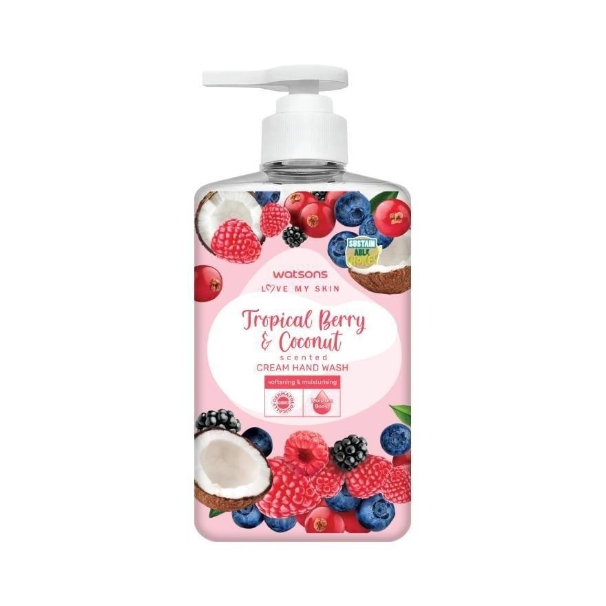 ลดเพิ่ม 30% 🔥 watsons Tropical Berry & Coconut scented เลิฟ มายสกิน ทรอปิคอลเบอร์รี่ โคโคนัทเซ็นเท็ด ครีม แฮนด์วอช 500ML