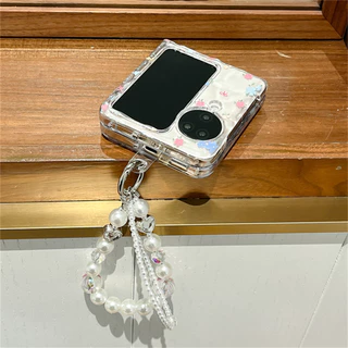 น่ารักระลอกน้ําดอกไม้โปร่งใสเคสโทรศัพท์พร้อมสร้อยข้อมือมุกสําหรับ OPPO ค้นหา N3 Flip N3Flip Findn3Flip กันกระแทกปกหลังmanha