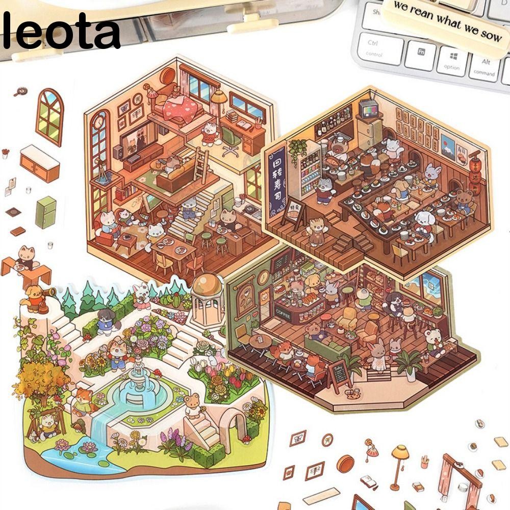 Leota 3D Landscape Sticker Paper, Plus Size Forest Village DIY ภูมิทัศน์สติกเกอร์, Multi-functional 