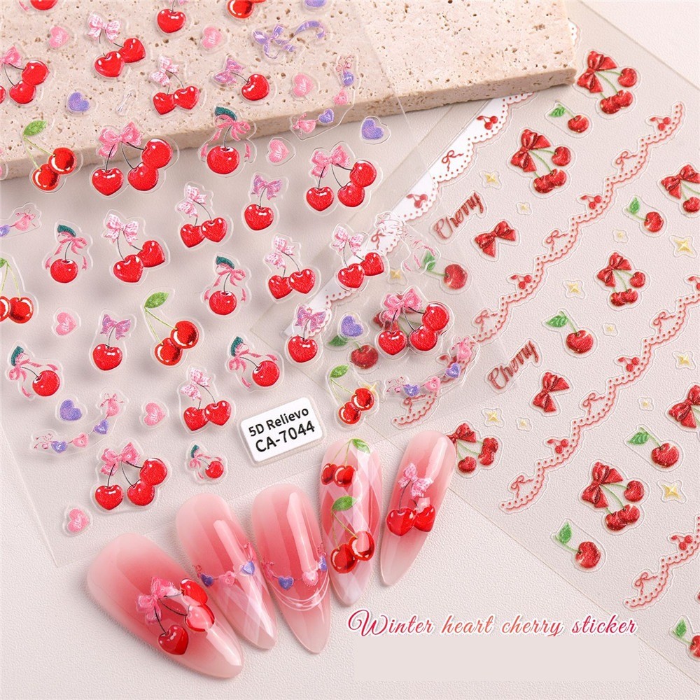สติ๊กเกอร์ตกแต่งเล็บสามมิติ 5D ลายเชอร์รี่ผลไม้หวาน 3 ชิ้นที่ทนทาน
