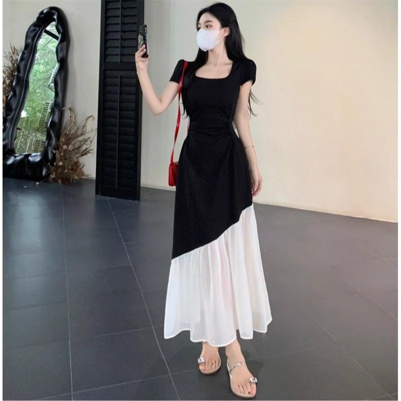 🌷  ชุดเดรส  🌷 Hepburn Wind ชุดเดรสแขนสั้นสำหรับผู้หญิง ฤดูร้อน Slim Fit Splice กระโปรงยาว