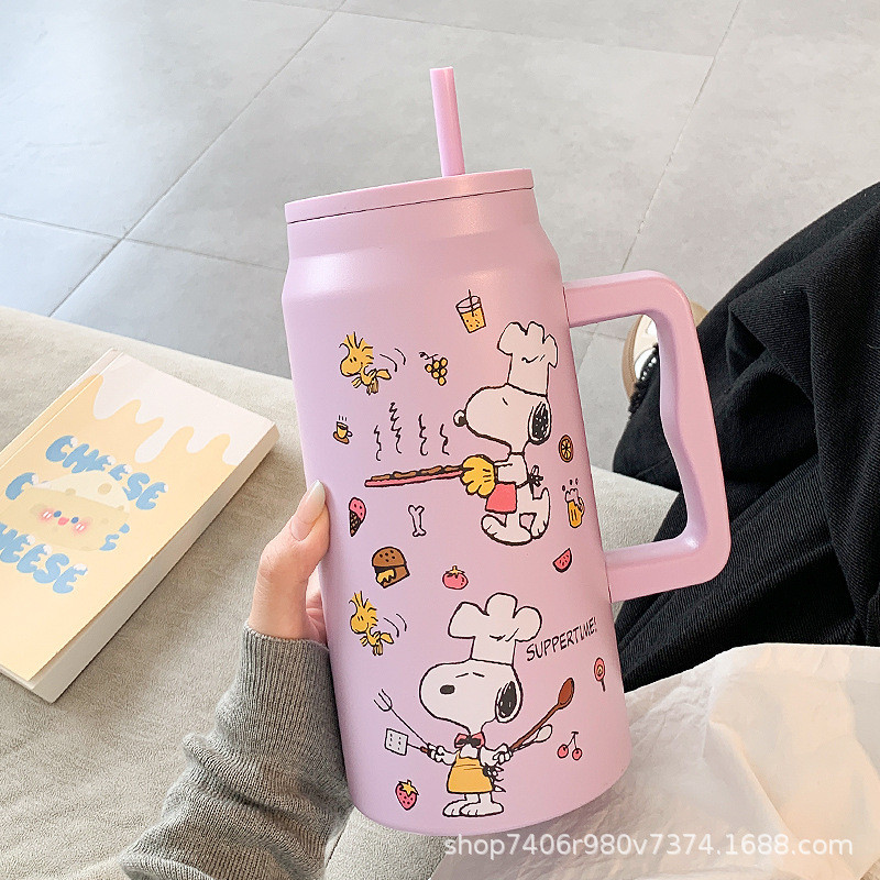 แก้วน้ำร้อนลายการ์ตูน 1500 มล. แก้วน้ำสแตนเลส Snoopy ขนาดใหญ่ ความจุสูง ดีไซน์สร้างสรรค์
