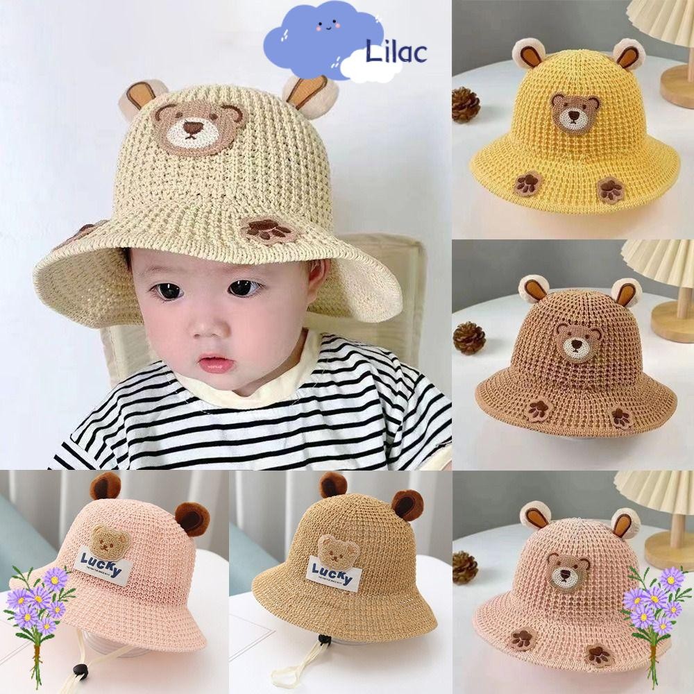 LILAC วันหยุดหมวกฟาง, การ์ตูนหมีปักเด็กหมวกกันแดด, Retro สไตล์ Pastoral Sunshade เด็กหมวกชายหาดฤดูร้อน