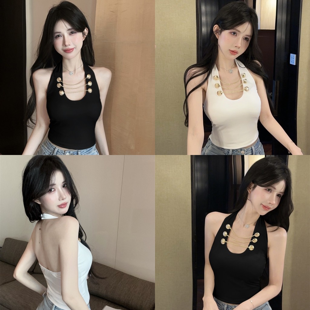 ✨Kayla✨เสื้อกล้าม สีพื้น คล้องคอ แต่งดีเทลเรียบหรู ผ้านิ่ม รัดรูป💫เสื้อแขนกุด เรียบหรู ทรงสวย🌙#FY817