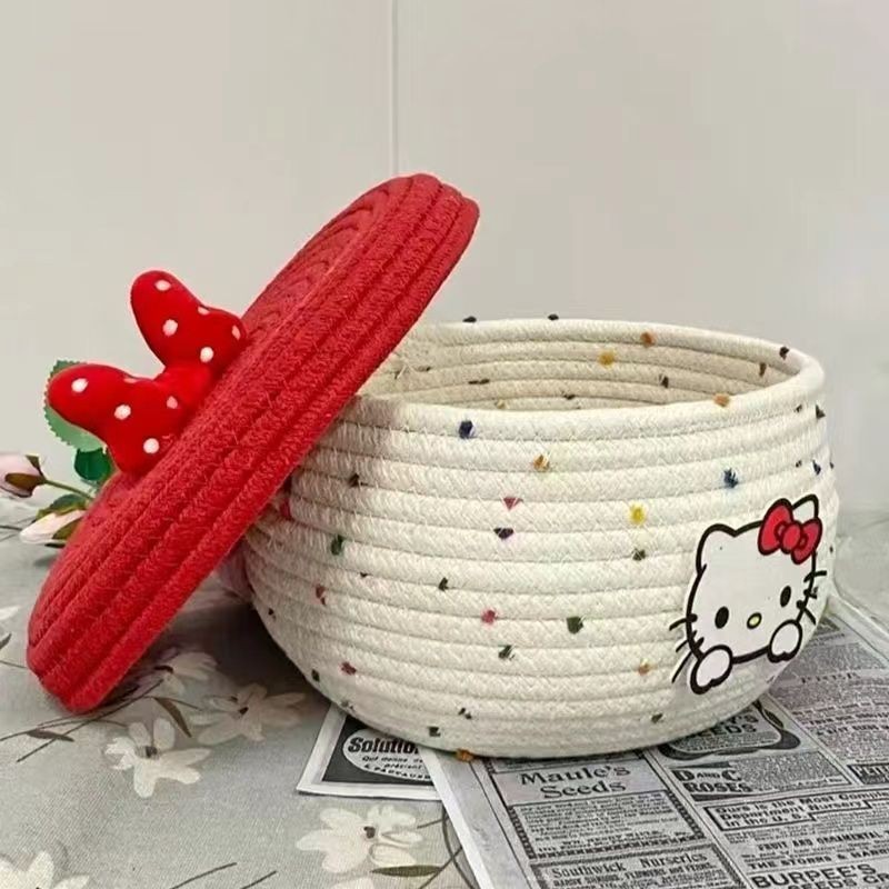 ตะกร้าผ้าฝ้ายถักลาย Hello Kitty KT Cat น่ารัก สําหรับตั้งโต๊ะและจัดระเบียบของว่าง