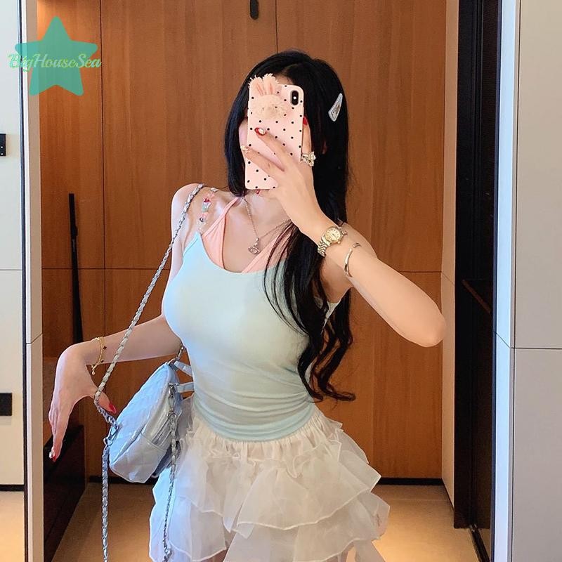 [BigHouseSea] Summer Dopamine Y2K Beaded Halter ปลอมสองชิ้นแขนกุด Slim Camisole สําหรับผู้หญิงใหม่