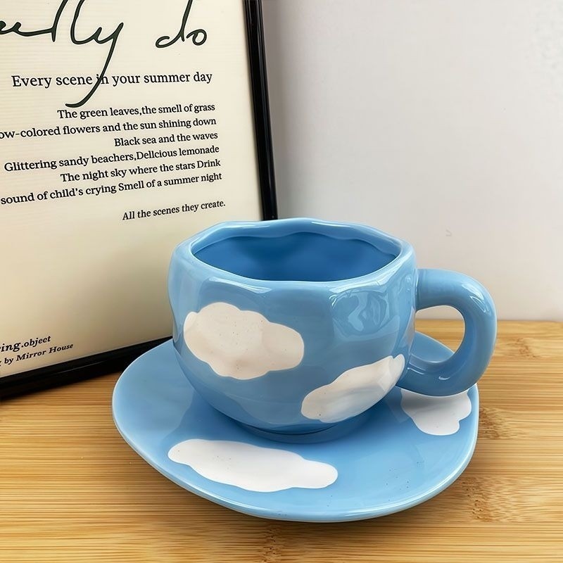 แก้วมัคเซรามิก ลายเมฆ วาดมือ คุณภาพสูง ชุดแก้วกาแฟ Ins